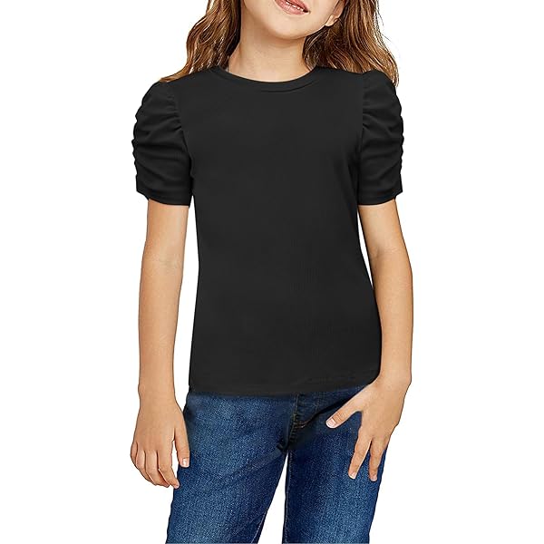 Lilax Girls' Puff Sleeve Cotton T-Shirt – Soft Round Neck Tee For Toddlers & Kids (4T Brown)