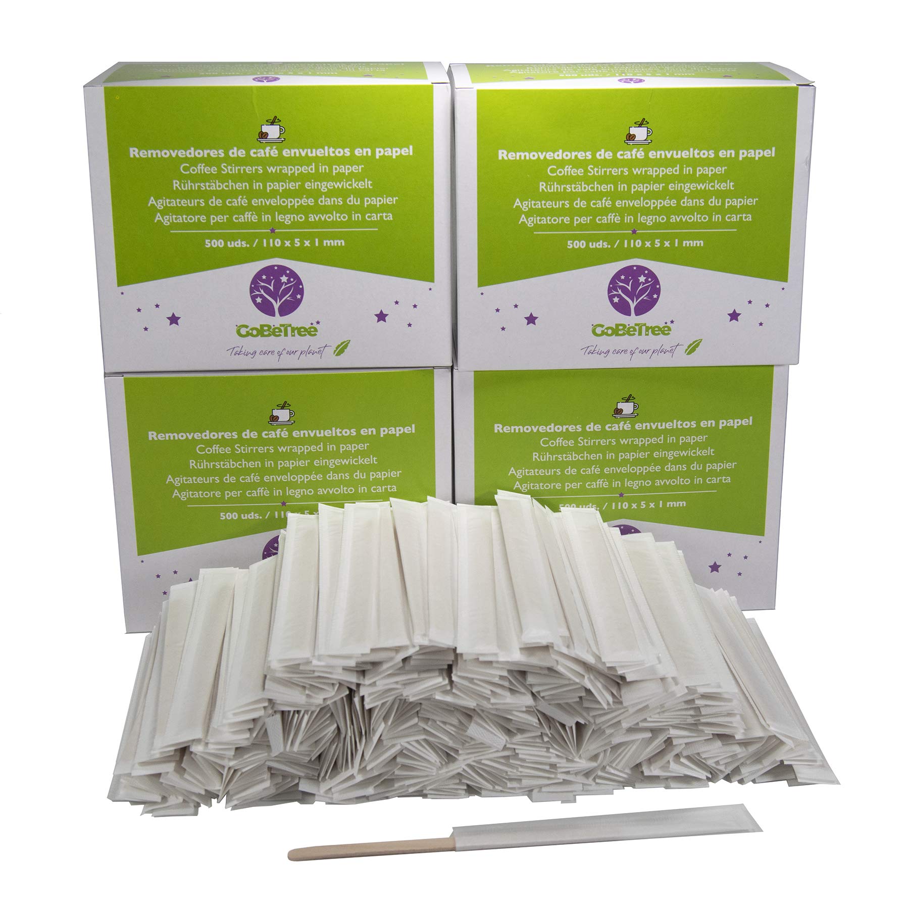 GoBeTree 2000 Wooden Coffee Scoops Individually Wrapped in Paper Disposable Coffee Sticks 11cm Long Biodegradable Coffee Stirrers Sticks — image 1