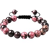 Amazing Gemstone Rhodonite Bracelet, Gifts For Men & Women - Protection Healing Crystal Bracelet - 8mm Gemstone Beaded Adjustable Bracelet, Pulseras Para Hombres Mujer Stocking Stuffers