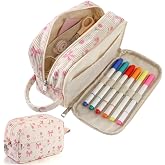 Dansydaisy Corduroy Pencil Case White Pink Bow Flower, Zipper Pouch | Large Capacity for Pens Pencils, Cute Aesthetic Pouch with Wrist Strap, Soft Corduroy Texture for Office Use