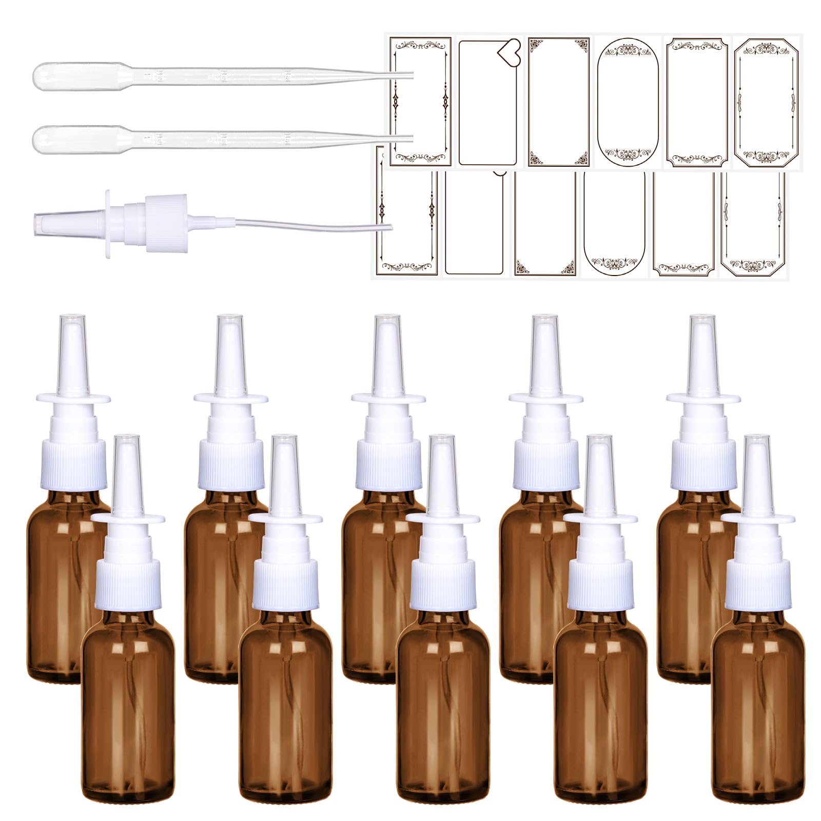 View 1 of 1oz Amber Nasal Spray Bottles Empty 10Pack, Glass Nasal Spray Bottles, Glass Refillable Fine Mist Sprayers Atomizers with 2 Droppers and 12 Stickers, Ideal for Nasamin, Saline Applications, Travel Use