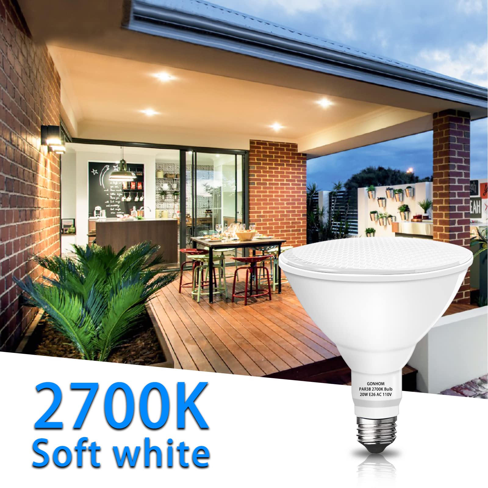 Par38 Outdoor LED Flood Light Bulb 2 Pack, Dimmable Soft White 2700K,20W Replace up to 200W, 1800LM, E26 Base Flood Light Bulbs for Backyard, Garage, Porch, Garden