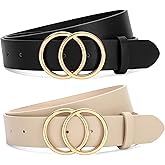 SANSTHS 2 Pack Women Leather Belts Faux Leather Jeans Belt with Double O Ring Buckle