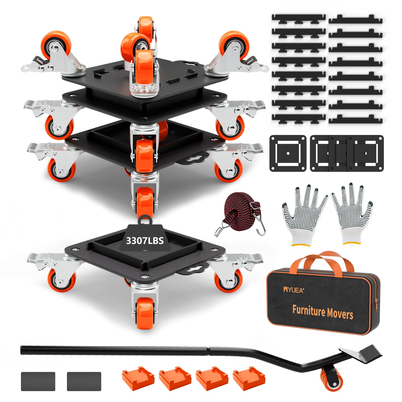Photo 1 of **MISSING 1** MYUEA Heavy Duty Furniture Dolly, 5 Wheels with Removable Side Guards, 3307 Lbs Capacity, 360 Rotating Wheels & Tail Brake, Orange, Carbon Steel