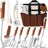 HLWDFLZ Garden Tool Set, 12 Pcs Heavy Duty Floral Gardening Tools Kit with Gardening Hand Weeder Tools, Durable Storage Bag and Gardening Gloves, Gardening Gifts for Women and Men Brown