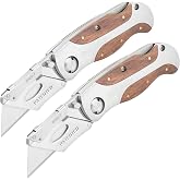 Sheffield 12525 Folding Utility Knife with Premium Hardwood Handle Design | 2 Pack Secure Locking Box Cutter, Quick-Change Utility Knife Blade Feature, Cardboard Cutter with Pocket Clip