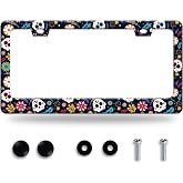 Sugar Skull Flowers Stainless Steel License Plate Frame for US Cars Decor | Stainless Steel Accessories Cars Decor with 2 Holes and Screws Fits Standard US CA Vehicles Size 12.2 x 6 Inches