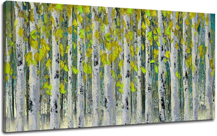 Ardemy Large Birch Tree Canvas Wall Art White Brand Landscape Yellow Leaves Nature Forest, Modern One Panel 48"x24" Framed Picture Painting for Living Room Bedroom Home Office Wall Decorations