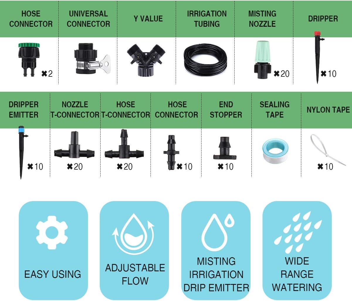 king do way 82Ft/25M Drip Irrigation Kits Garden Watering System with Y Valve, 20 Misting Nozzles 10 Drip Emitters 10 Dripper DIY Mist Cooling Irrigation System for Greenhouse, Patio, Lawn : Garden & Outdoor