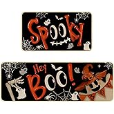 xuujdoppwul Halloween Kitchen Rugs Set of 2, Ghost Kitchen Mats for Floor,Halloween Hey Boo Spooky Non Slip Washable Sink Laundry Rug Home Decor Doormat 17”x30”+17”x47”