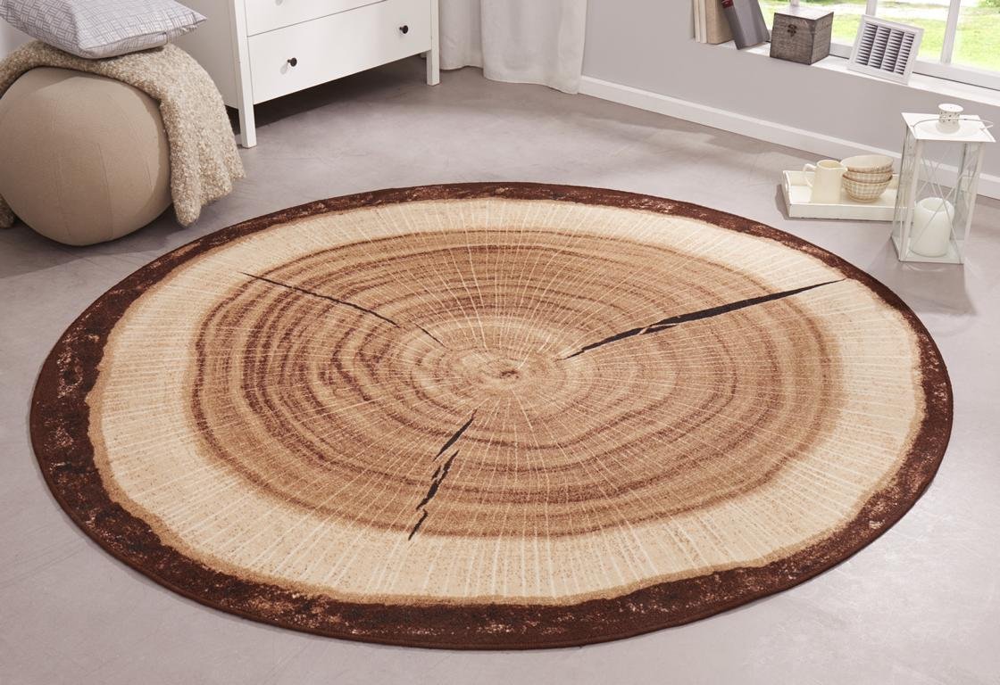 Hanse Home Bastia Special Design Round Rug - Modern Tree Trunk Pattern Wood Look Tree Stump Wood Living Room Rug for Dining Room, Living Room, Hallway, Bedroom, Kitchen - Brown, Diameter 100 cm