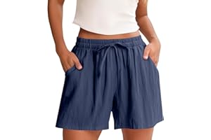 ELNEEYA Linen Shorts for Women High Waisted Elastic Bermuda Shorts Casual Drawstring Loose Cute Beach Vacation Wide Leg Pants