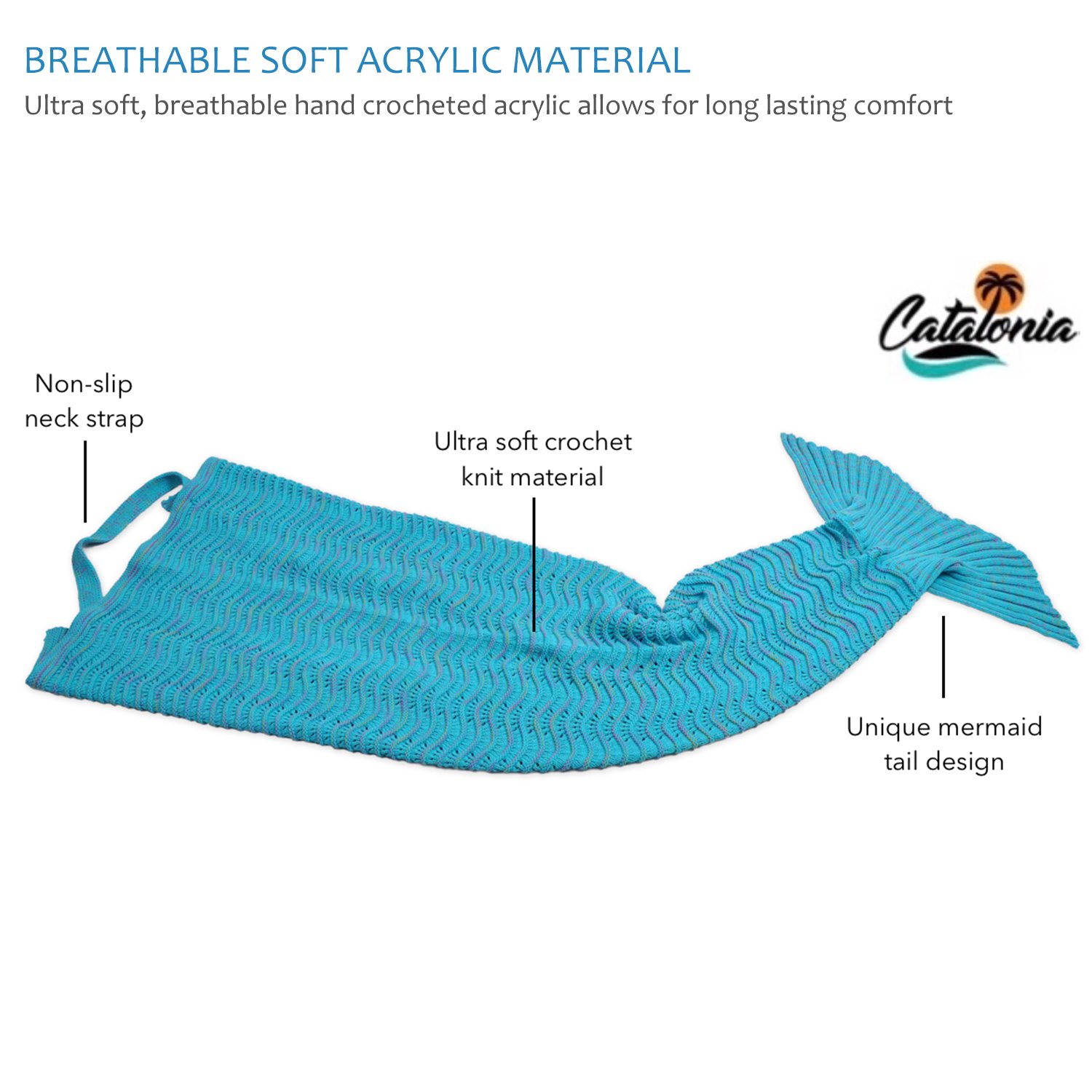 Mermaid Tail Blanket with Anti-Slip Neck Strap,Soft Knitted Mermaid Blanket Holiday Birthday Valentines Gift for Girls Women Adults Teens All Seasons Sleeping Bag Blue By Catalonia