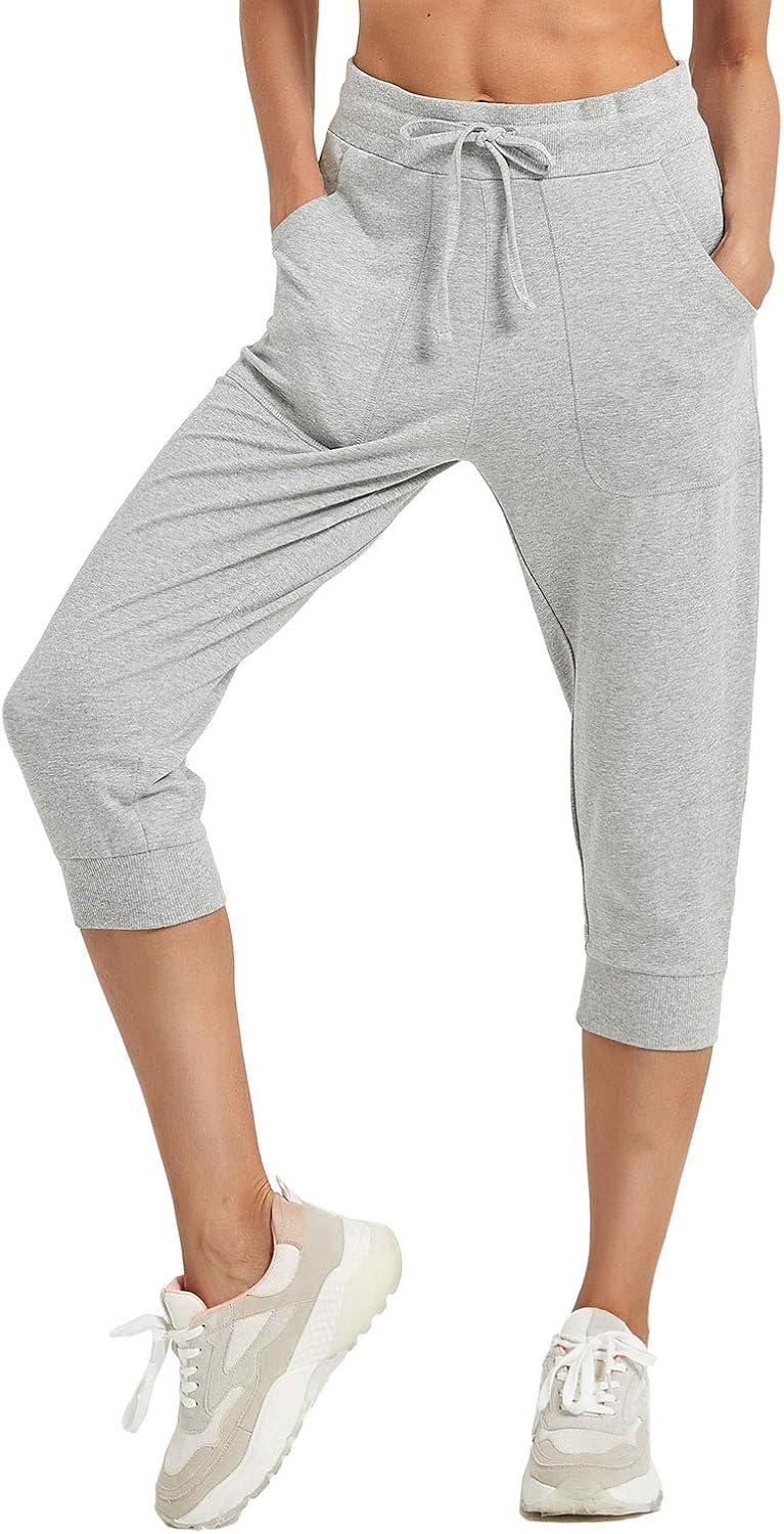 PULI Women's Capri Sweatpants Jogger Lounge Sweat Pants Cotton Drawstring with Pockets: Clothing