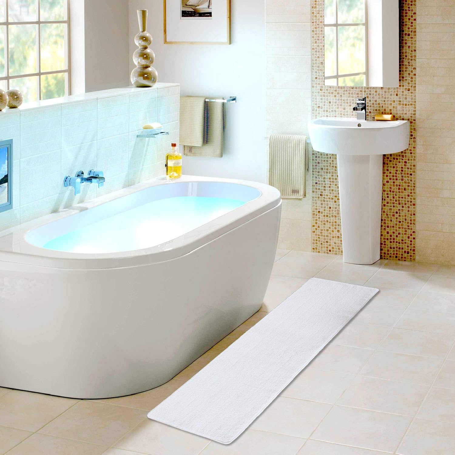 Amazon Com Linen Plus Non Slip Bath Rug Runner Solid Color For Bathroom Bath Mats With Water Absorbent Soft New Light Blue Kitchen Dining