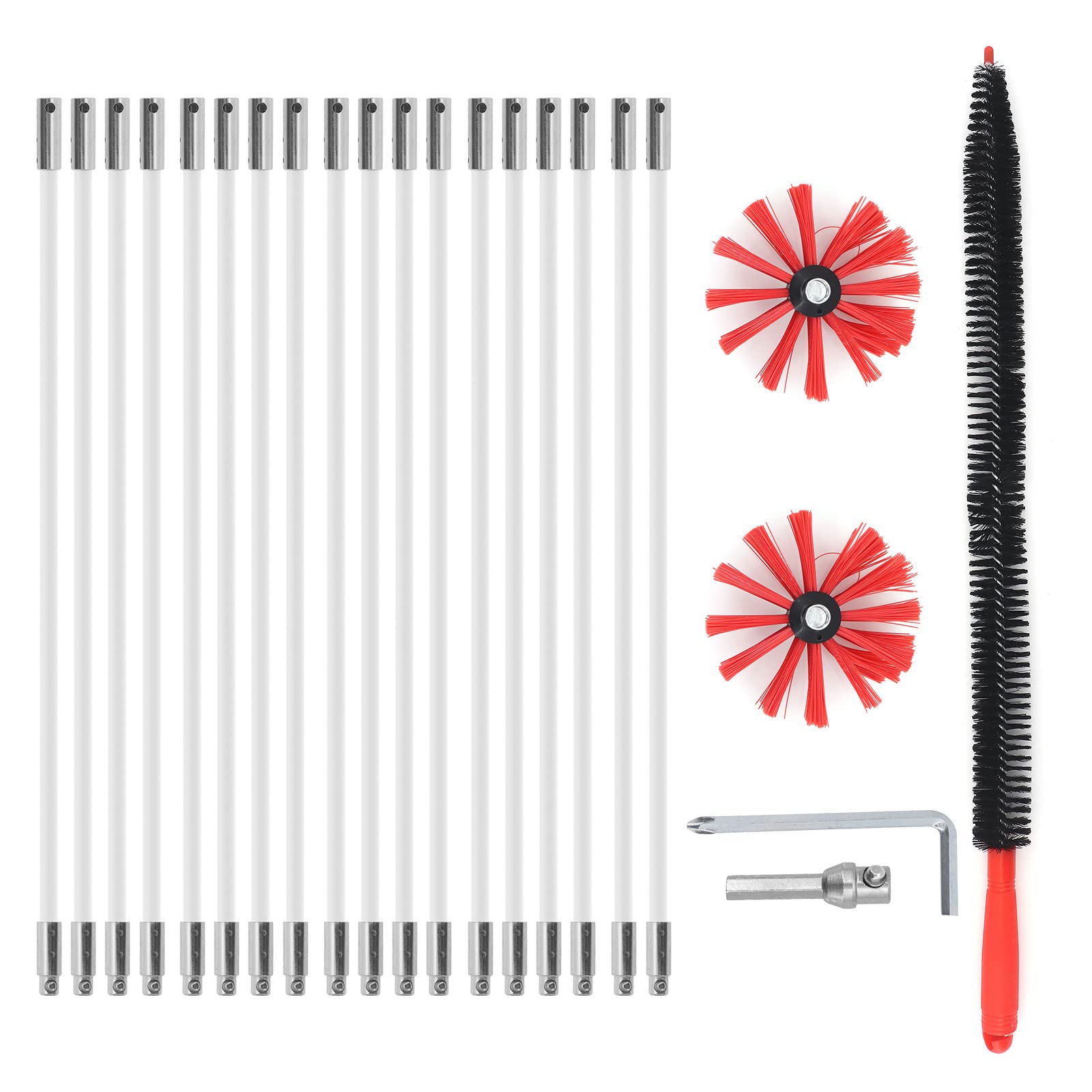 Yuhtech 23 Pcs Red Chimney Cleaning Brush Set Duct Vent Cleaning Set with Nylon Rods, Brush Heads, Drill Connector, Long Brush, Chimney Sweep Kit for Fireplace, Dryer Vent, Sewage Pipe, Fume Hood
