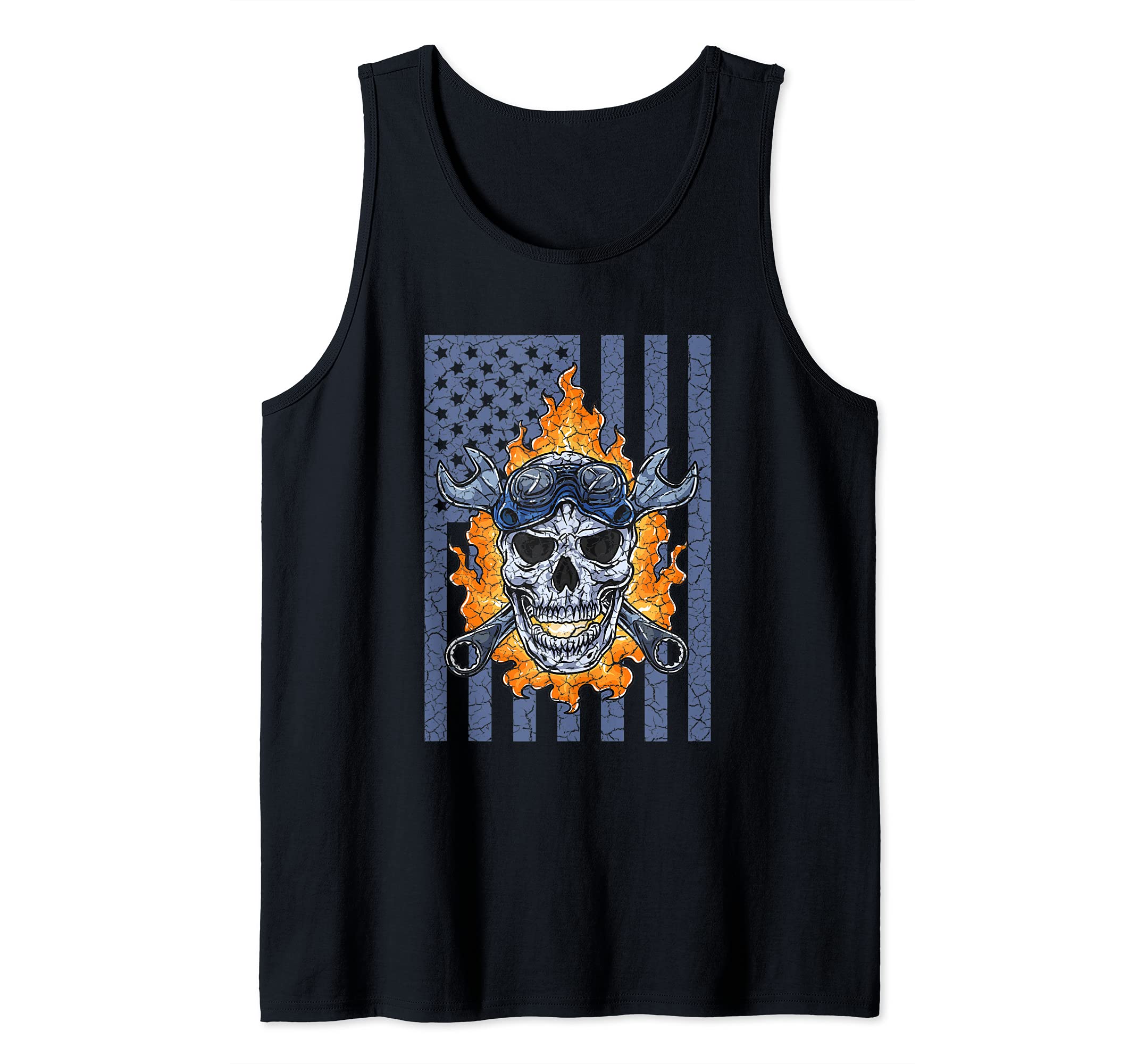 Mechanic Handyman Fire Skull American Flag Tools Wrench Tank Top