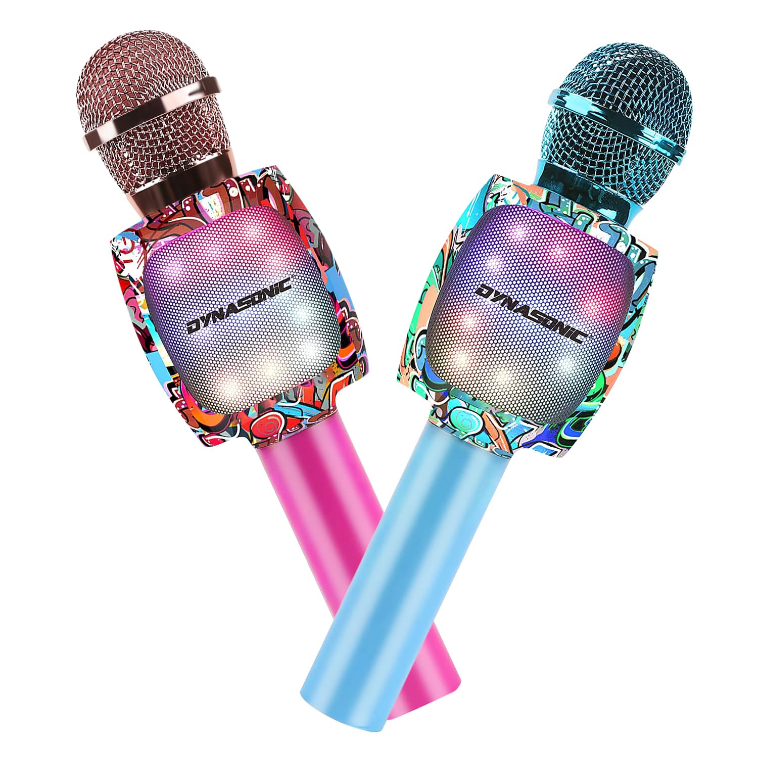 DYNASONIC Bluetooth Karaoke Microphone, toys for boys and girls Portable Karaoke Wireless Microphone with LED Lights for Children, original gifts children (Pink and Blue)