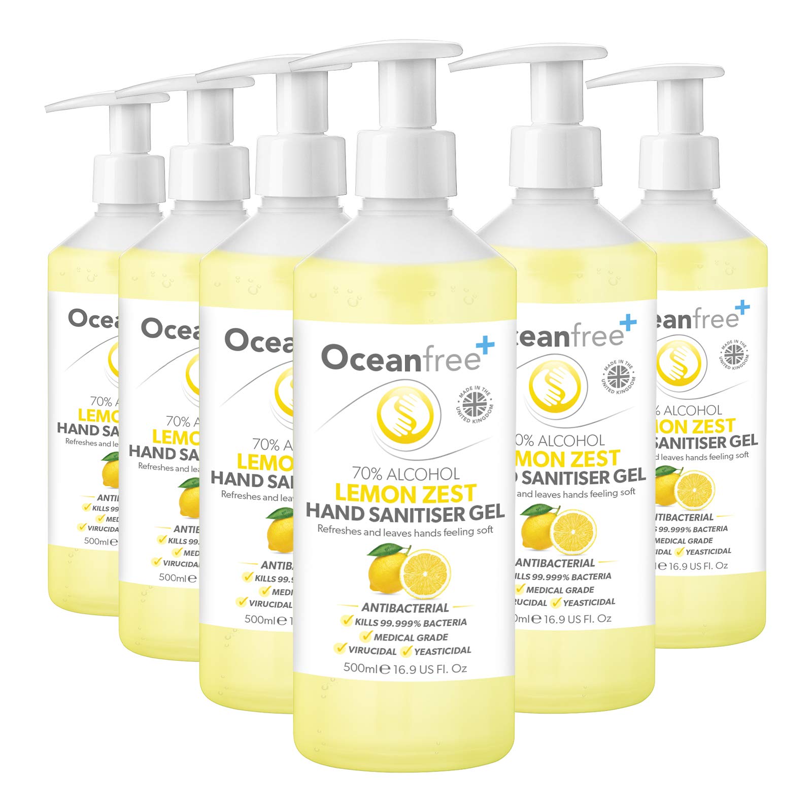 Lemon Zest Hand Sanitiser Gel - 500ml Pump Bottle - 70% Alcohol - Made in the UK (Pack of 6)