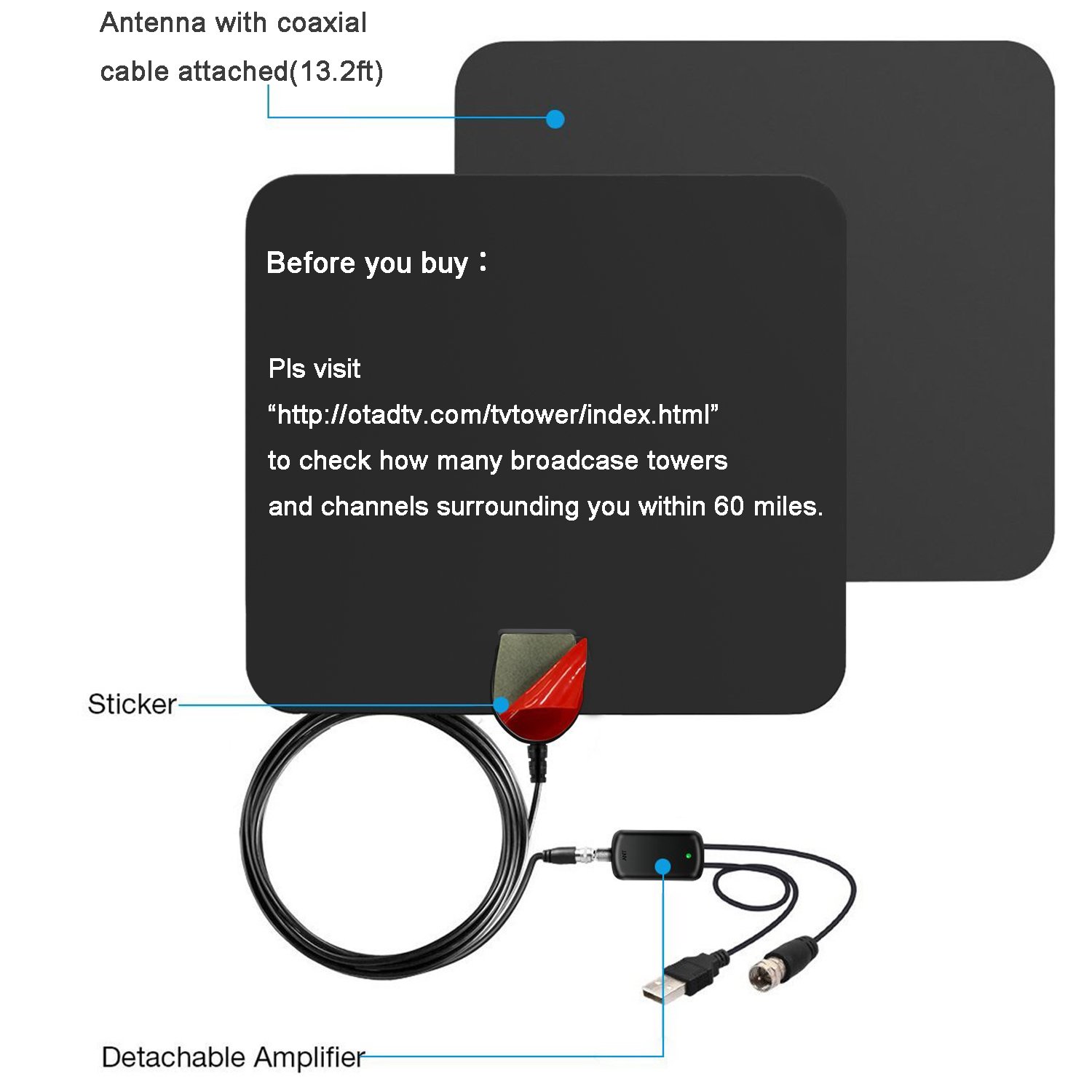 TV Antenna, Mercase 60 Miles Range Indoor High Reception Channels Smart TV Antenna for Digital Television with Detachable Amplifier Signal Booster,13.2ft Coaxial Cable[4K 1080P Digital HDTV Freeview]