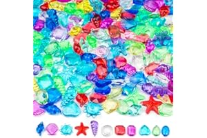 Prehalpty 180 Pcs Sensory Bin Filler Include 100 Plastic Gemstones & 80 Fake Seashells for Kids, Pirate Treasure and Mermaid Pool Play, Ocean Themed Party (1"-1.2")