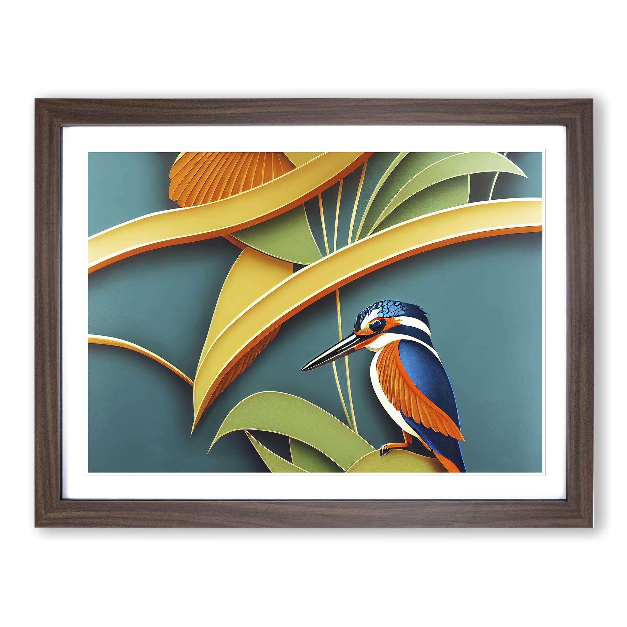Kingfisher Art Deco Style Framed Print | A4 Walnut Framed Wall Art | Ready to Hang | Art Deco Nature Picture | Living Room Bedroom Lounge Office