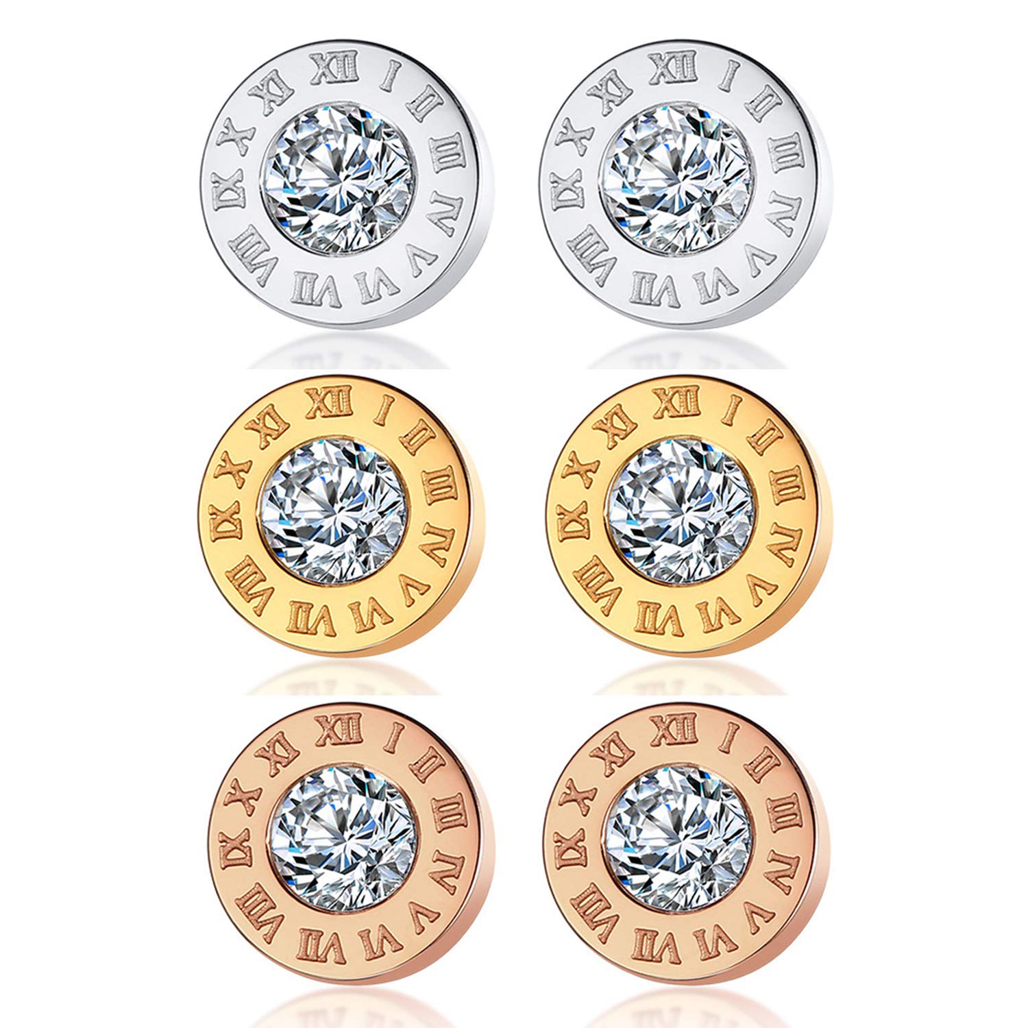 Cupimatch 3 Pairs Roman Numeral Cubic Zircon Stud Earrings Set, Stainless Steel Round Ear Pierced Earrings Jewelry for Women Girls Silver/Gold/Rose Gold