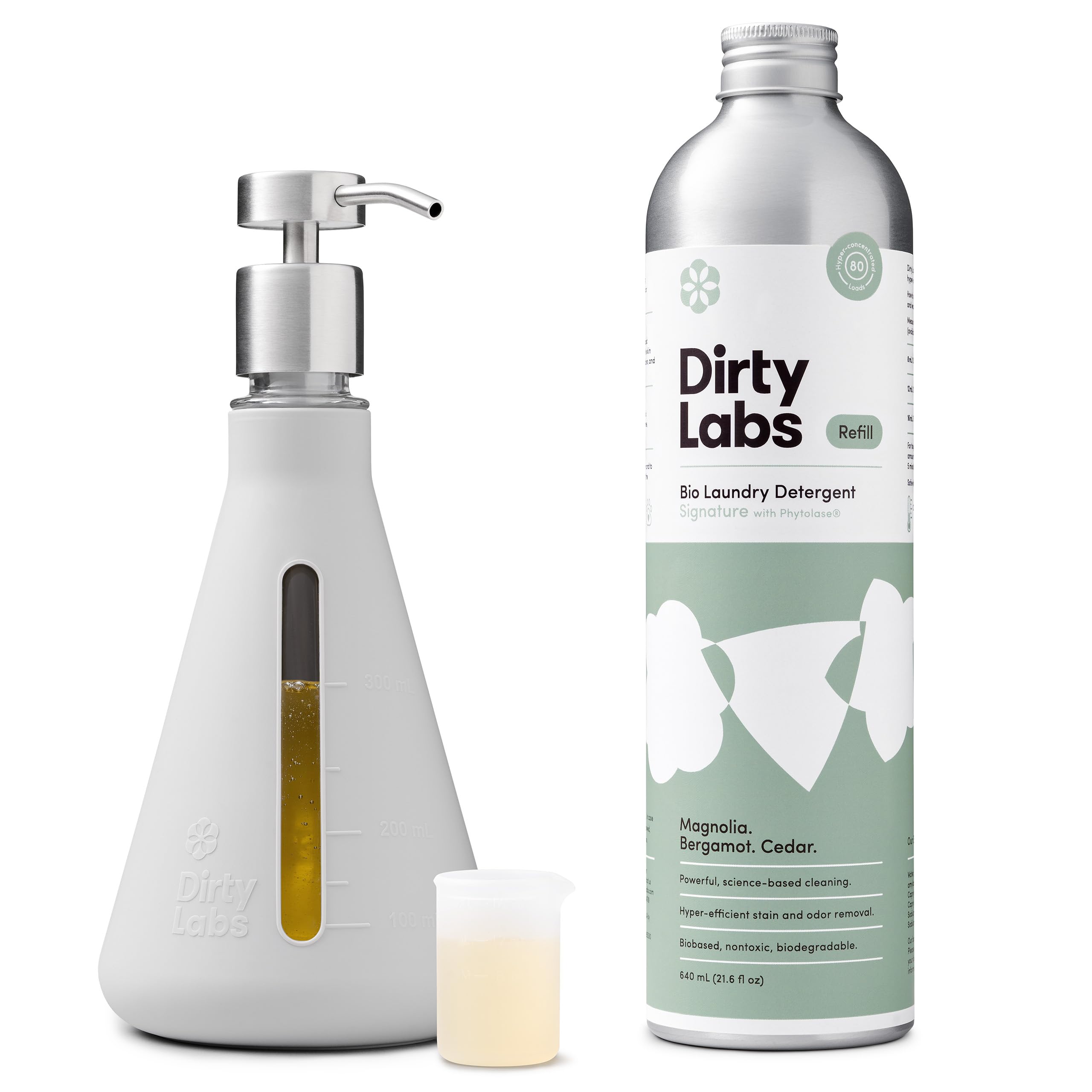 Dirty Labs | Bio-Liquid Laundry Detergent Refill & Pump Set | Signature Scent | 80 Loads (21.6 fl oz) & Pump | Hyper-Concentrated | High Efficiency & Standard Machine Washing | Nontoxic, Biodegradable