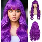 Sallcks Womens Long Curly Wavy Wig Purple Wigs with Bangs Synthetic Full Wigs for Daily Party Cosplay Costume