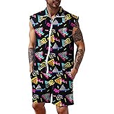 UOUA Men 80s Outfit 90s Costume 2 Piece Shorts Set Themed Party Clothes