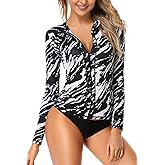 AXESEA Women Long Sleeve Rash Guard UPF 50+ UV Sun Protection Zip Front Swimsuit Shirt Printed Surfing Shirt Top
