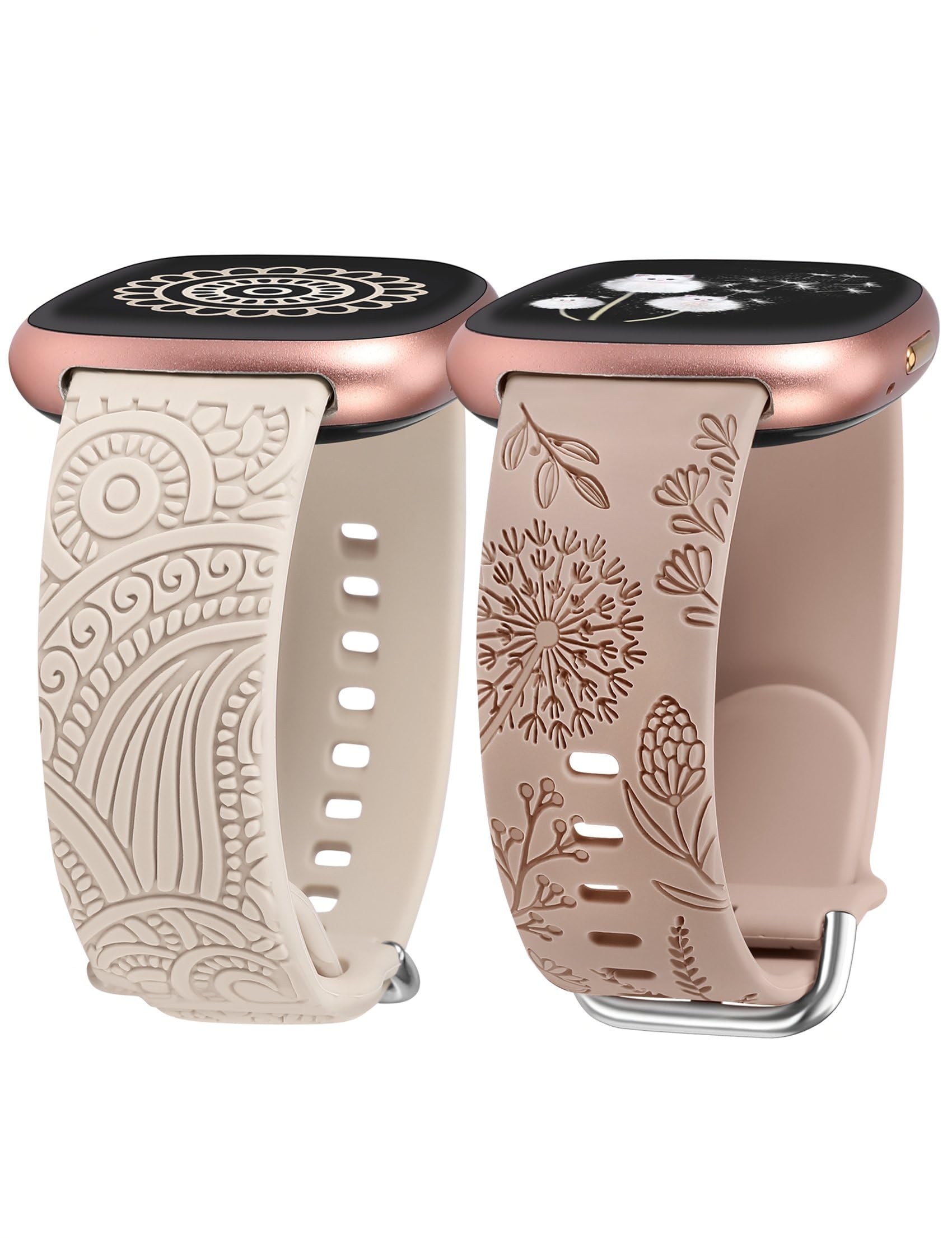 TOYOUTHS 2 Packs Floral Compatible with Fitbit Versa 4/Versa 3/Sense 2/Sense Straps, Soft Silicone Engraved Henna and Dandelion Pattern Sport Strap for Versa 3/4 Sense 1/2, Starlight+Nude