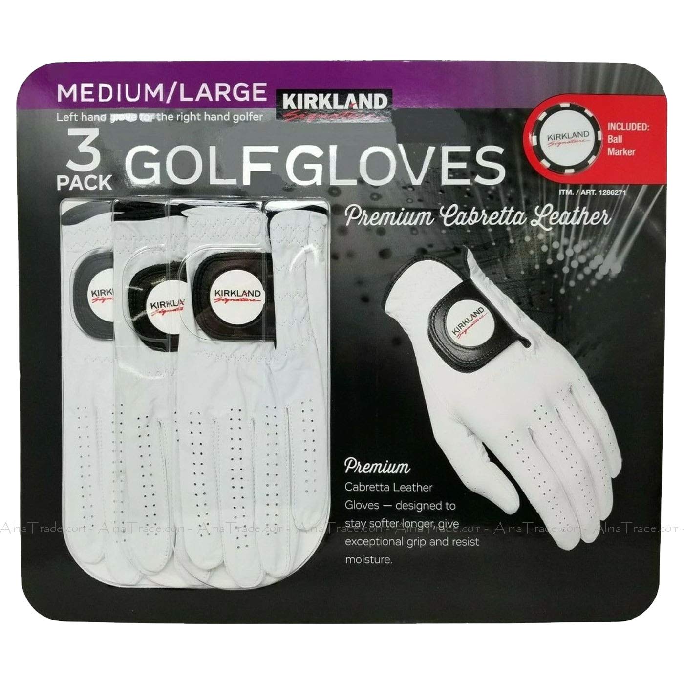 KIRKLAND SIGNATURE Golf Gloves Premium 100% Cabretta Leather Pack Set of 3, White,Black, 10*15*22 cm, Size Medium/Large
