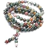 Jovivi 108 Mala Beads Bracelet 6mm 8mm Natural Indian Agate/Green Moss Agate Gemstone Healing Crystal Stone Beaded Bracelet Hand Knotted Prayer Mala Beads Necklace for Yoga Meditation Balance
