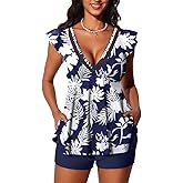Summer Mae Women's V-Neck Tankini Swimsuits 2025 with Ruffle Sleeves Tummy Control Boyshorts Bathing Suits with Pockets