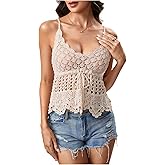 OYOANGLE Women's Scoop Neck Hollow Out Cami Tops Sleeveless Asymmetrical Tie Front Crochet Top