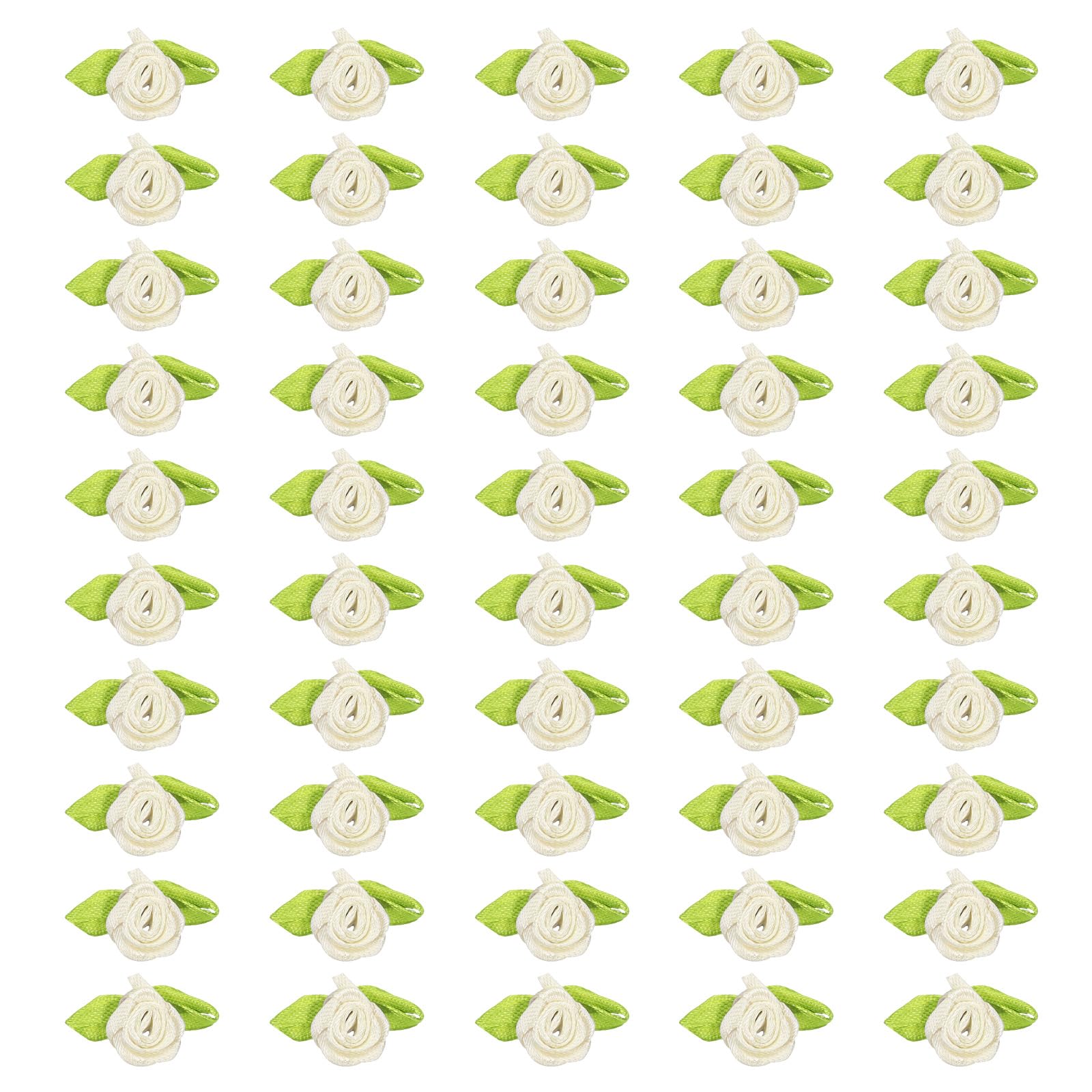 PATIKIL 15mm Tiny Satin Ribbon Rose, 100 Pcs Fabric Flowers Embellishments Rosettes Applique with Green Leaves for DIY Crafts Wedding Decor, Cream