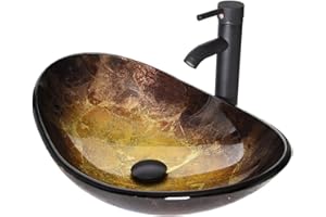 Bathroom Vessel Sink, Oval Bowl Tempered Glass Sink, 21"x13" Countertop Boat Shape Bathroom Vessel Sink with Faucet, Pop-up D