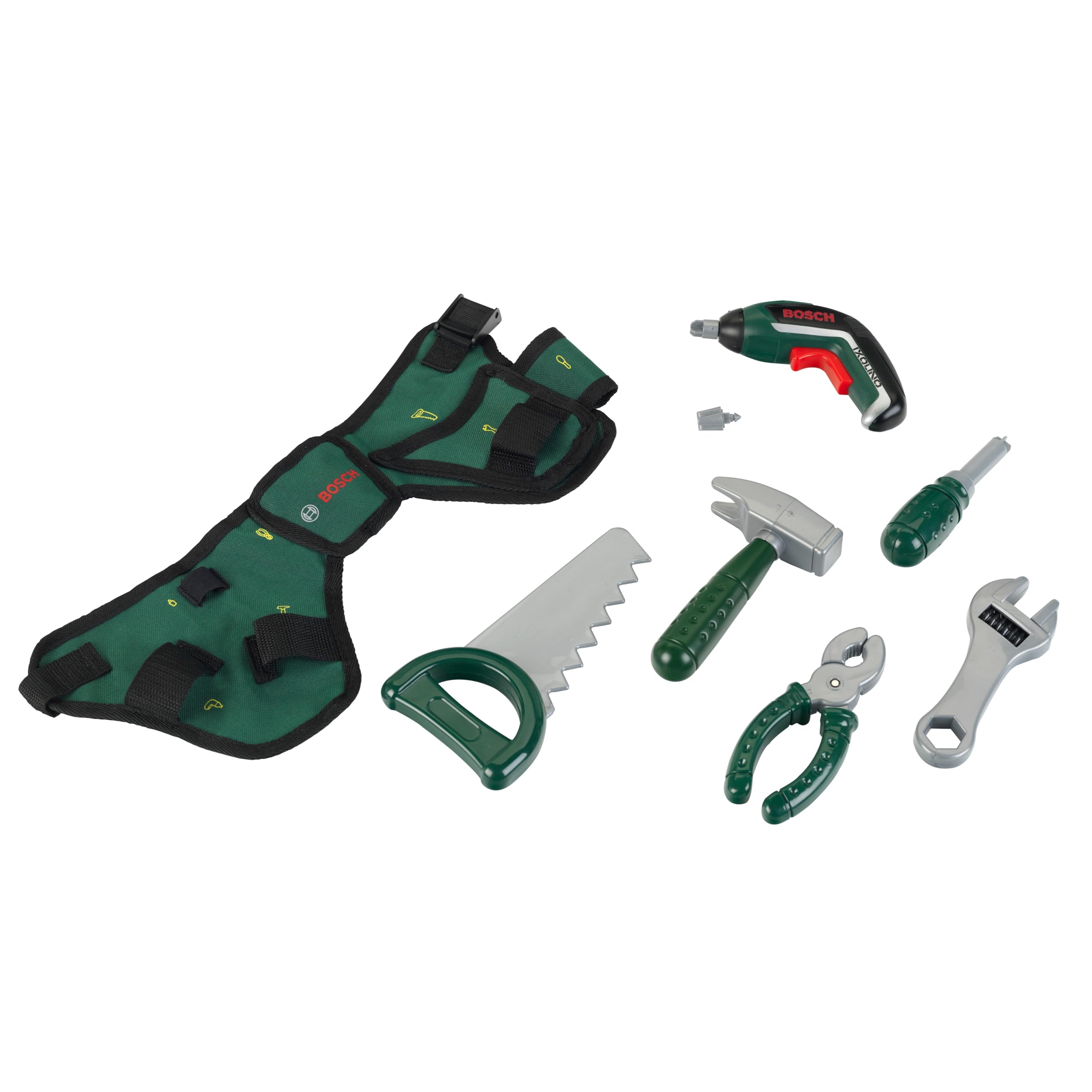 Theo Klein 8313 Bosch Tool Belt I With Hammer, Pliers, Saw and Much More I With Battery-Powered Ixolino I Dimensions: 76 cm x 24 cm 4.5 cm I Toy for Children Aged 3 Years and up