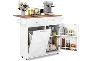 Giantex Kitchen Island Cart with Hidden Tilt Out Trash Can Cabinet, Drop Leaf, 2 Drawers, Towel Rack, Rolling Mobile Breakfas