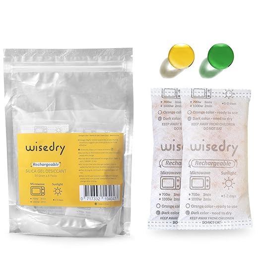 wisedry 50 Gramos[4 Paquetes] Gel De Sílice bolsitas Desecante Reutilizable con Microondas Reactivado rápido En 2mins & Naranja a Verde Que Indicador ...