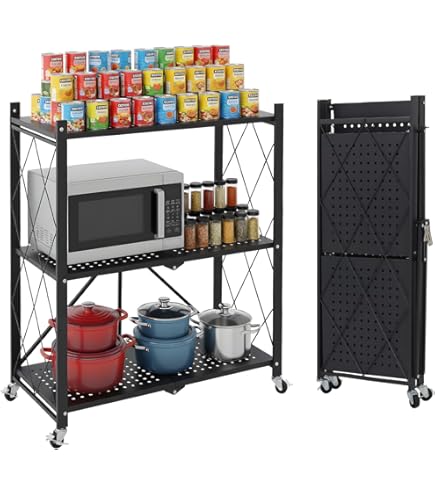DEANIC 3 Tier Foldable Storage Shelves With Wheels, Kitchen Appliance Stand, Freestanding Metal Wire Shelf Rack, No Assembly Organizer Rolling Cart For Garage, Basement, Pantry (Black - View #10