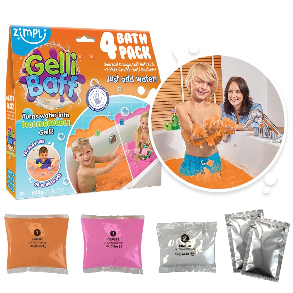 ZIMPLI - Gelli Baff Pink & Orange, 4 Bath Pack, Including 2 x Crackle Baff, Magically turns water into thick, colourful goo, Fine Motor Skills Toy, UK Made