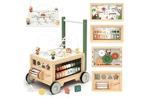 Joyreal Wooden Baby Walker - 9-in-1 Baby Push Walker with Activity Cube, Push Activity Walker for Boys and Girls, Sit-to-Stand Learning Walker Activity Center, Speed & Height Adjustable