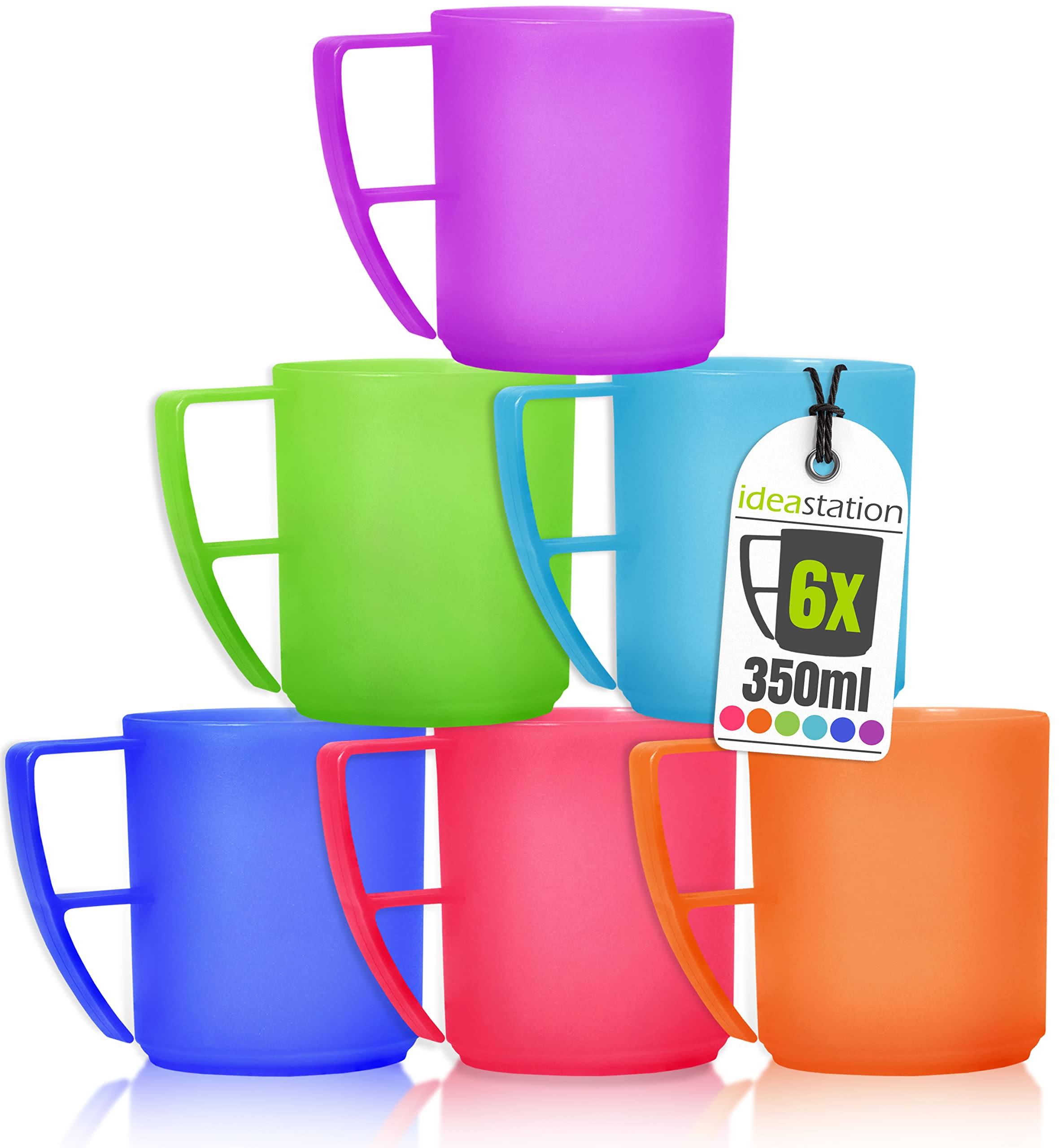 idea-station NEO Plastic Mugs 6 x 350 ml - Colourful - Reusable Camping Mug, Travel Cup - Perfect for Hot and Cold Drinks, Coffee and Tea - Suitable for Elderly - Dishwasher Safe