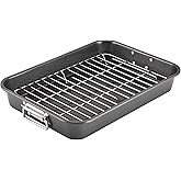 Farberware Bakeware Nonstick Steel Roaster with Flat Rack, 11-Inch x 15-Inch, Gray