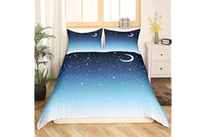 Sky Starry Duvet Cover Set Kids Galaxy with Moon and Stars Clouds Sea Scenery Comforter Cover for Boys Girls Teens Children, 