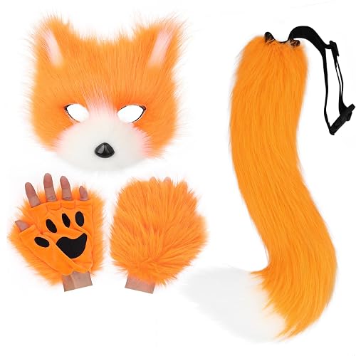 HAOAN Furry Fox Mask Wolf Fox Tail and Paw Gloves Set Adult Cat ...