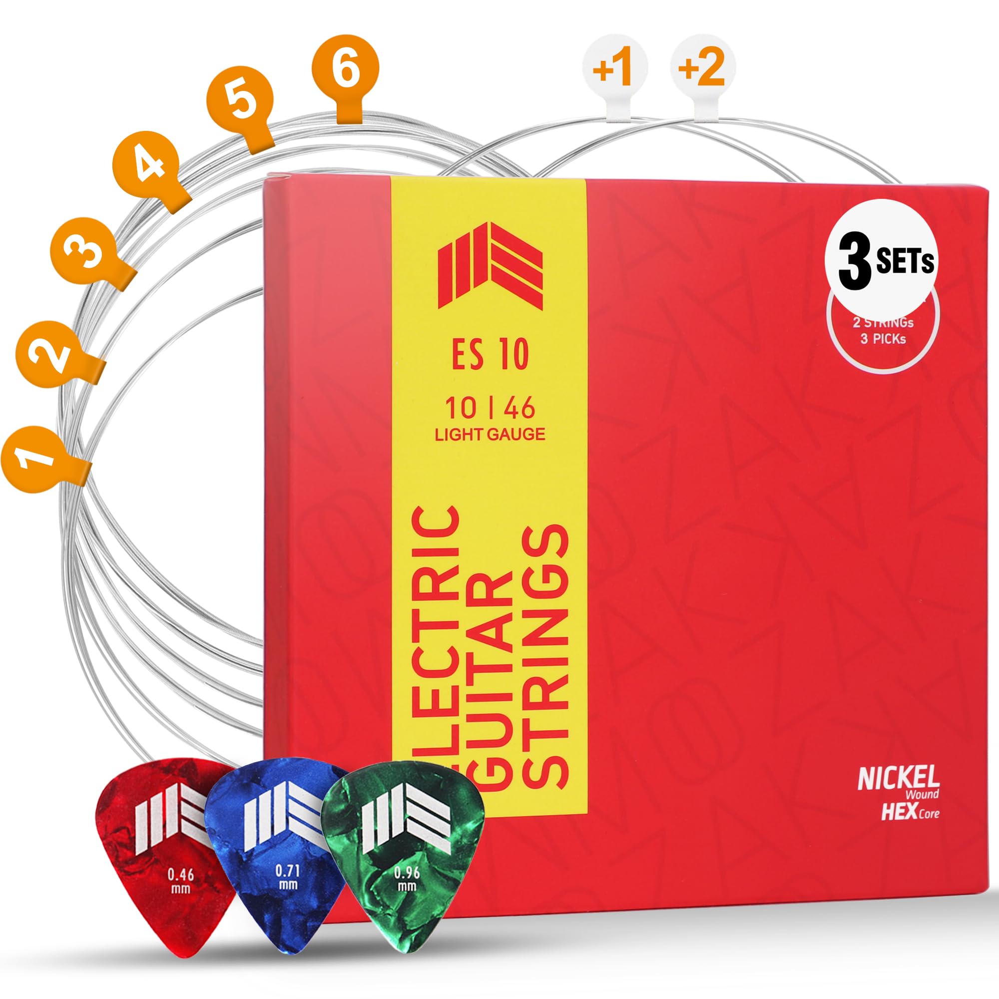 MOOZAK Electric Guitar Strings 10-46 3 Packs, Nickel Guitar Strings Set, Bonus 1st & 2nd String, 3 Guitar Picks, Regular Slinky Guitar Strings