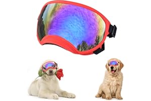 HDLSINA Soft Samll Dog Sunglasses Dog Goggles for Large Breed UV/Wind/Dust Protection Winproof Dog Puppy Sunglasses Pet Glasses Eye Wear with Adjustable Strap (Red Frame & Bule Lens/Large)